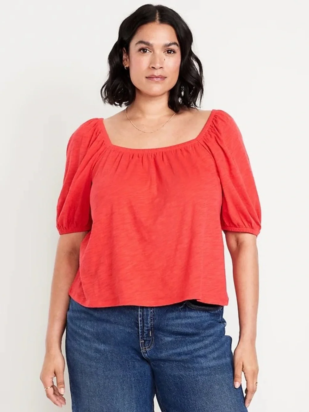 NWT Old Navy Short Puff-Sleeve Square-Neck Cotton Slub-Knit Red Top, Women’s XXL